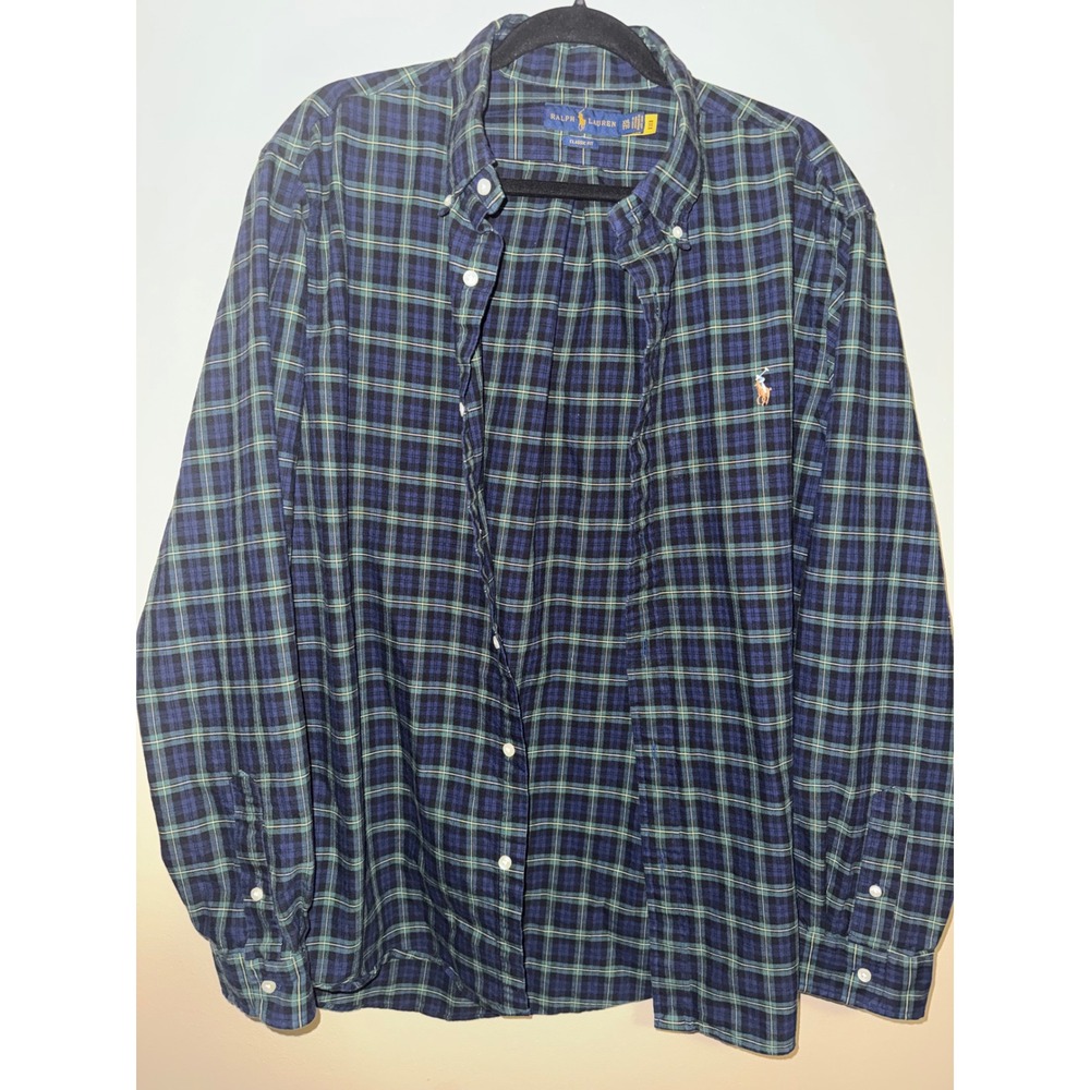 Ralph Lauren Mens XXL Classic Fit Plaid Button Down Shirt Navy Green Long Sleeve